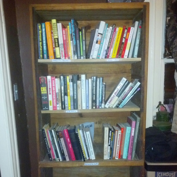 re-arranged book shelves